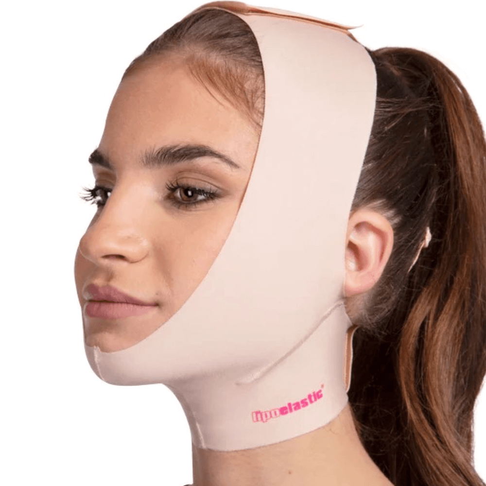 Compression face mask covers areas from the head crown down to lower neck beige
