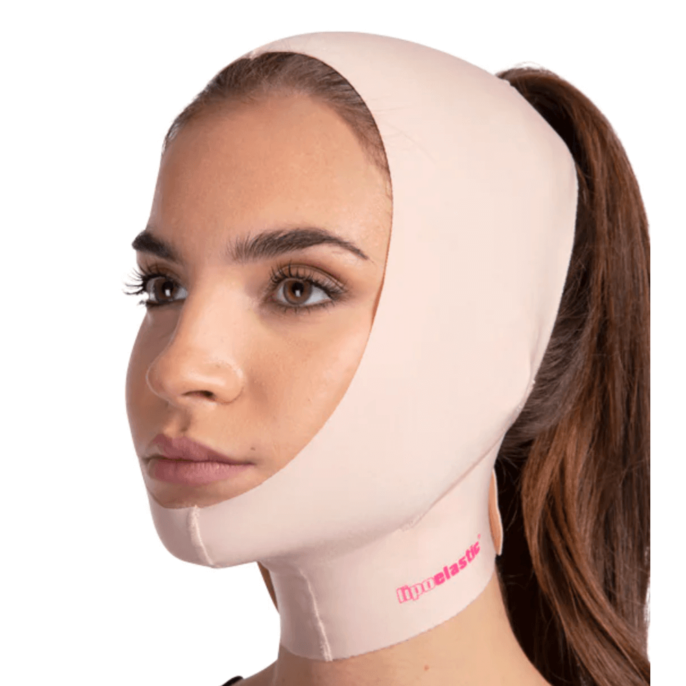 Compression face mask covers areas from the head crown down to lower neck beige