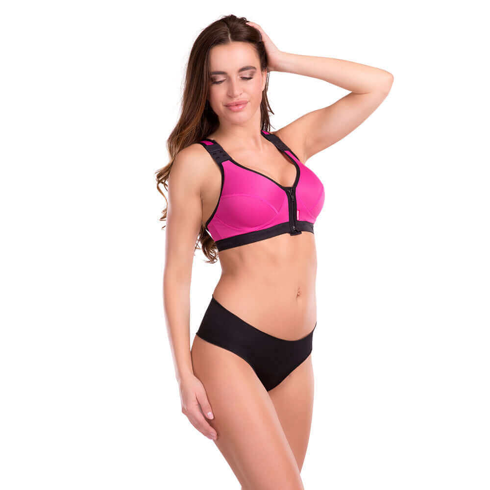 Compression sports bra zipper front pink