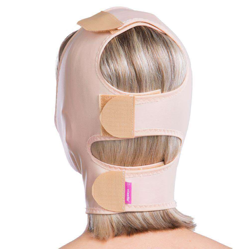 Compression face mask covers areas from the head crown down to lower neck beige