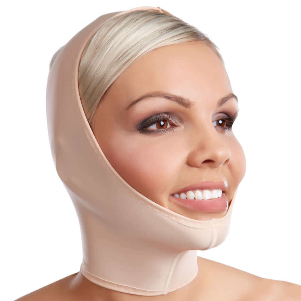 Compression face mask covers areas from the head crown down to lower neck beige