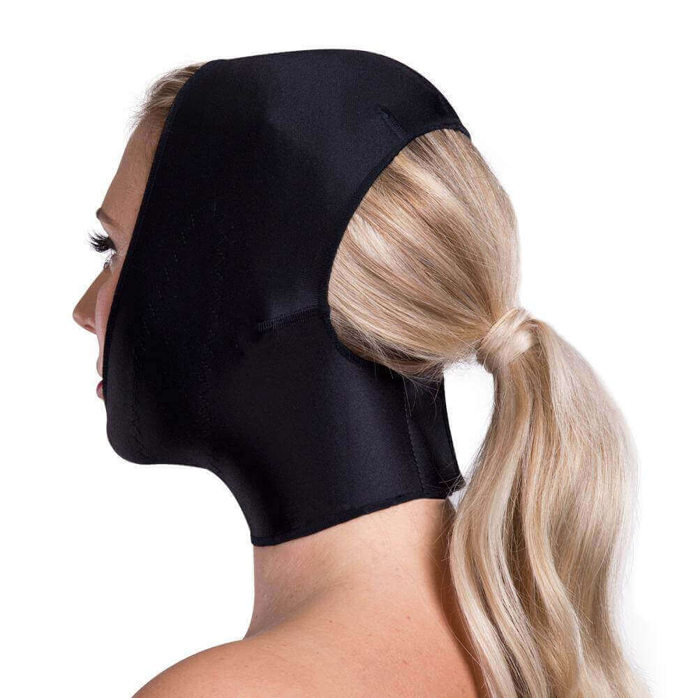 Compression face mask covers from the top of the head up to the mid-neck area black
