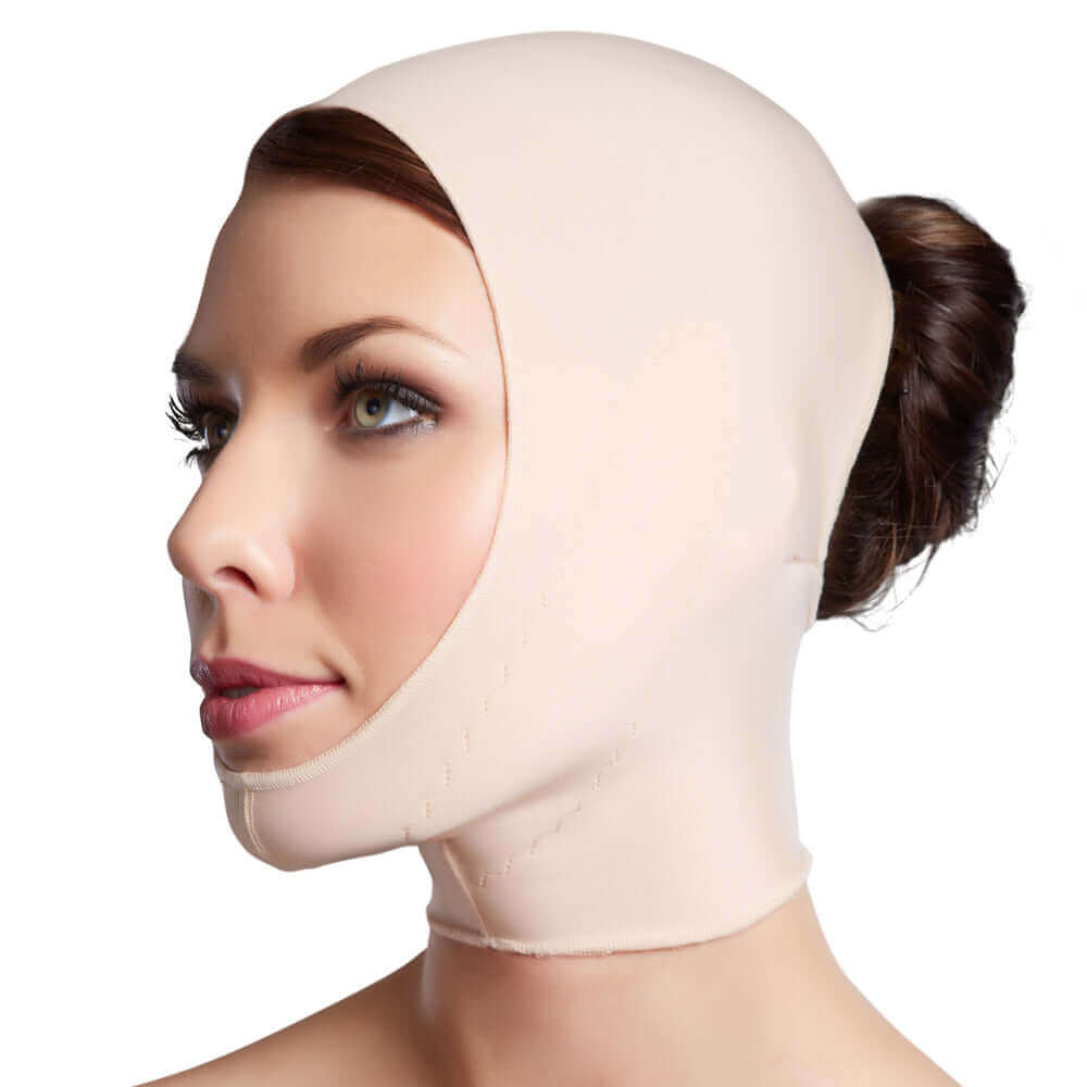 Compression face mask covers from the top of the head up to the mid-neck area beige