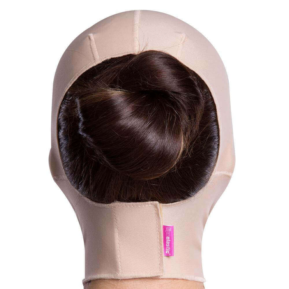 Compression face mask covers from the top of the head up to the mid-neck area beige