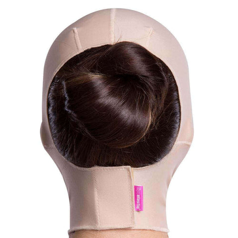 Compression face mask covers from the top of the head up to the mid-neck area beige