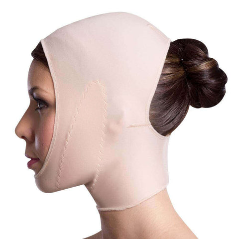 Compression face mask covers from the top of the head up to the mid-neck area beige