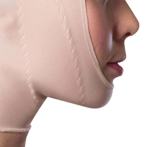 Compression face mask covers from the top of the head up to the mid-neck area beige