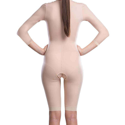Post surgical female full body compression suit with three-quarter sleeves beige