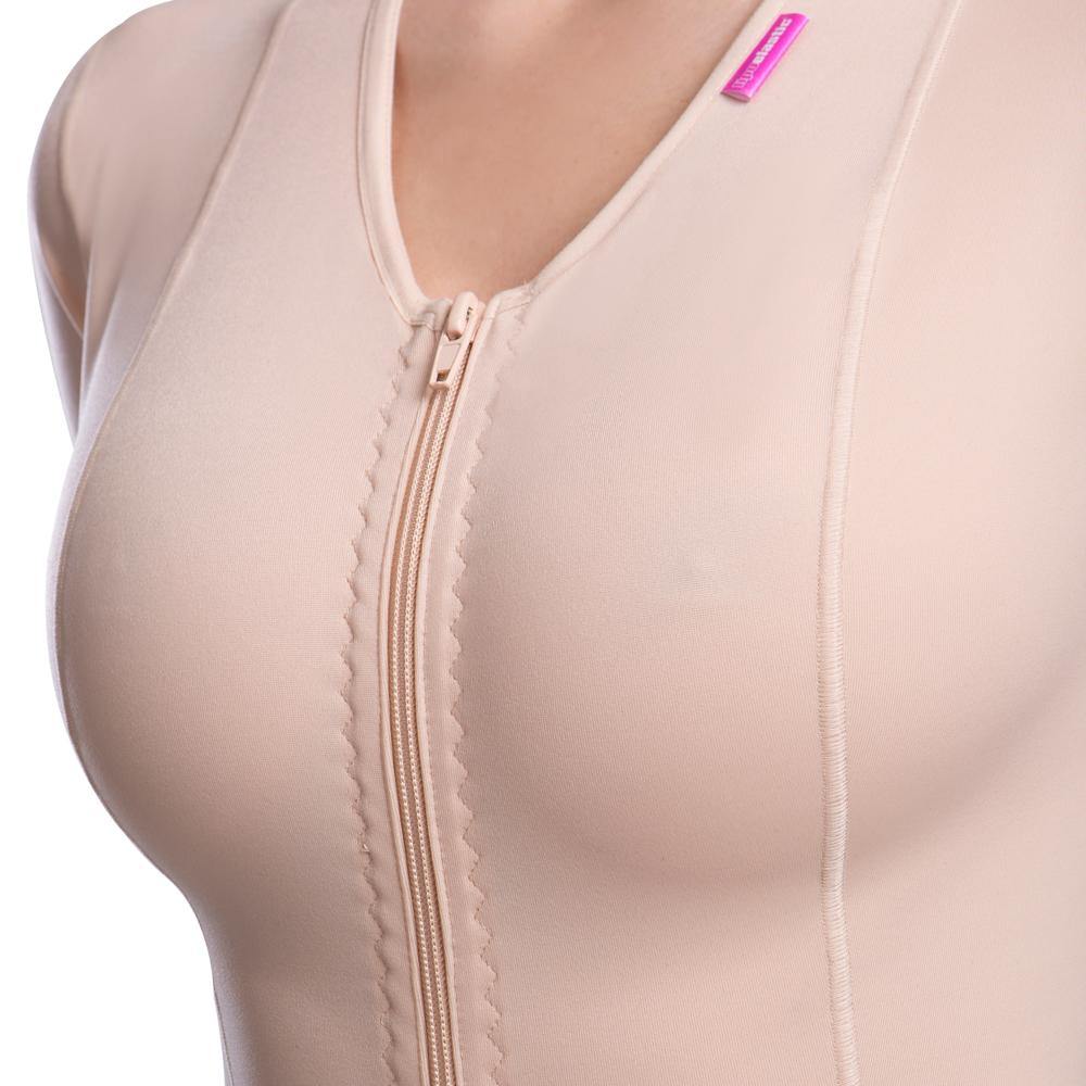 Post surgical female full body compression suit with three-quarter sleeves beige