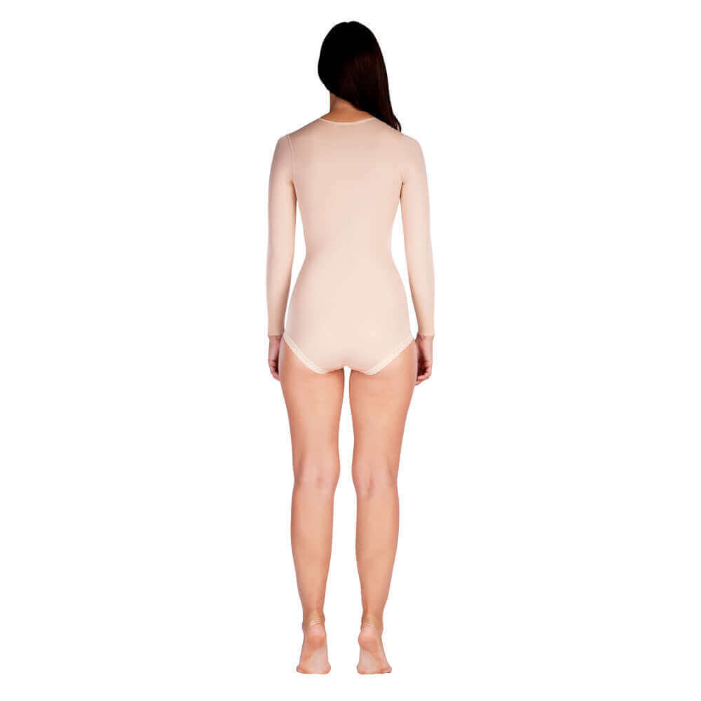 Post surgical female compression bodysuit with three-quarter sleeves beige