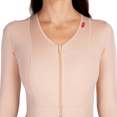 Post surgical female compression bodysuit with three-quarter sleeves beige