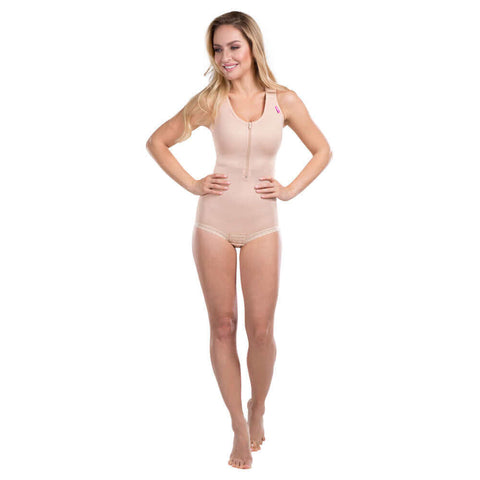 Post-operative female upper body sleeveless compression bodysuit beige