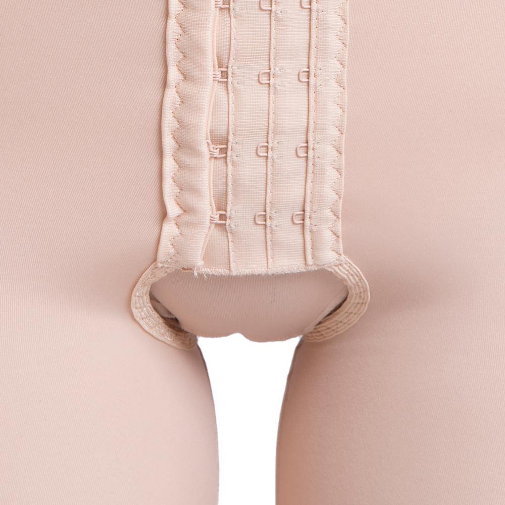 High back compression garment below knee beige hook and eye closure