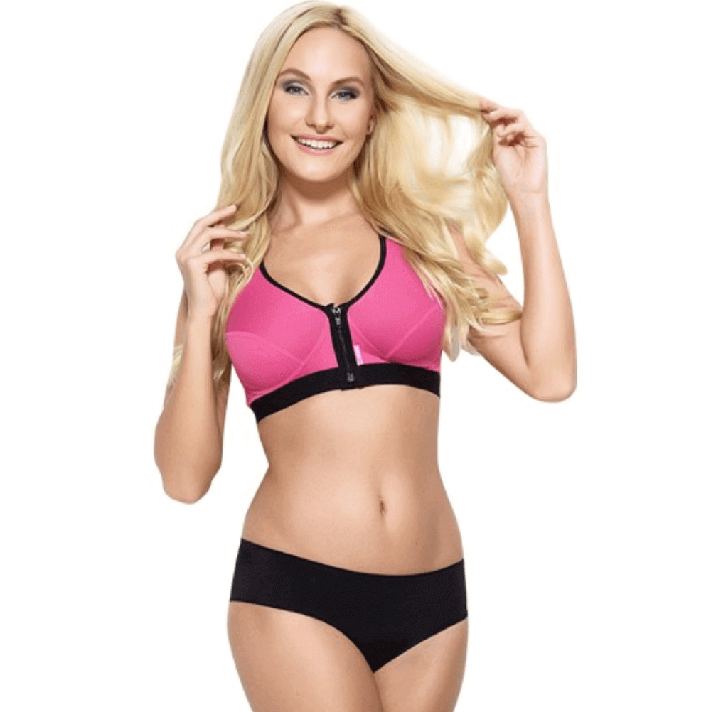 Compression sports bra zipper front pink