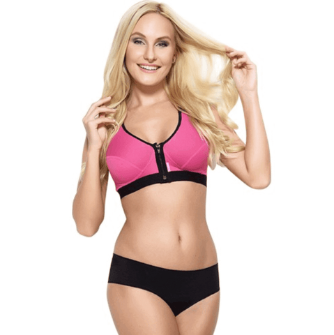 Compression sports bra zipper front pink